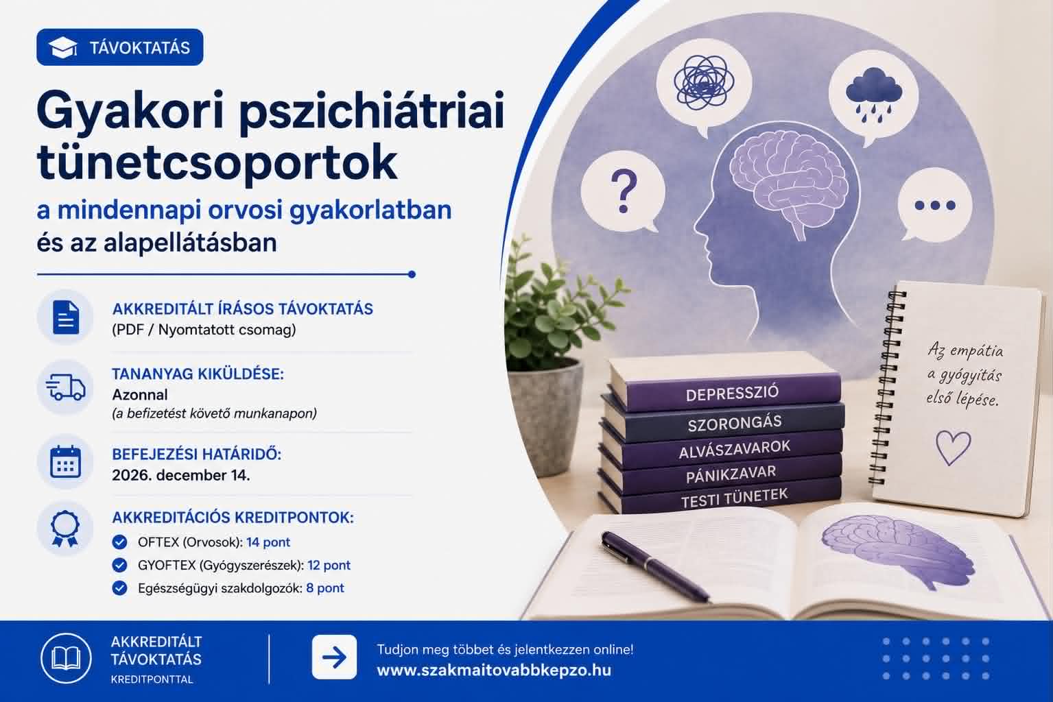 Akkreditált írásos távoktatás gyakori pszichiátriai tünetcsoportokról orvosoknak, fogorvosoknak, gyógyszerészeknek és egészségügyi szakdolgozóknak