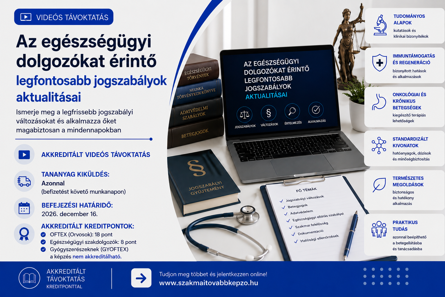 Az egészségügyi dolgozókat érintő
legfontosabb jogszabályok aktualitásai
VIDEÓS TÁVOKTATÁS